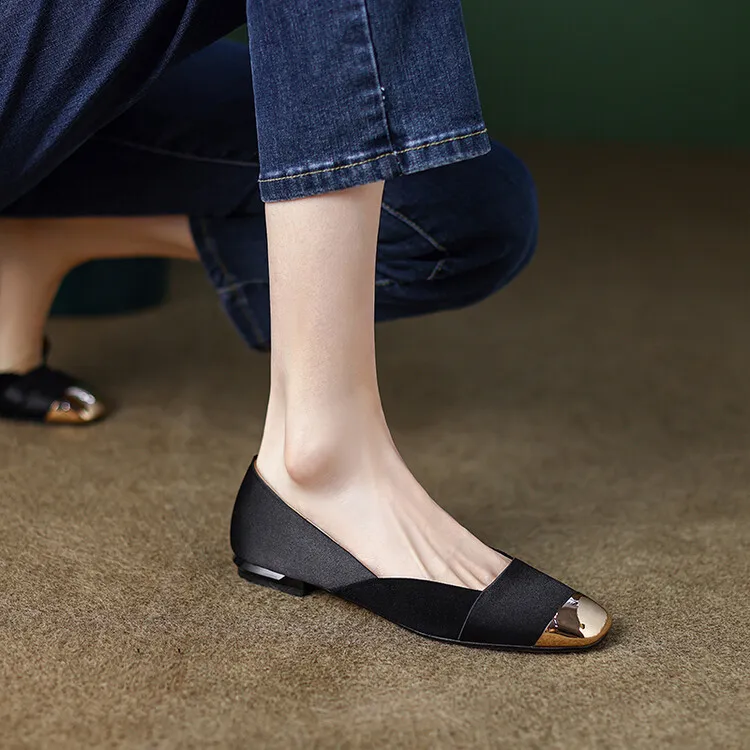 2023 Autumn Collection Metallic Toe Square Toe Color Block Low-Cut Flat Shoes Korean Style French Flat Women's Shoes Plus Size 7-18L