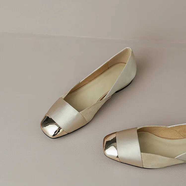 2023 Autumn Collection Metallic Toe Square Toe Color Block Low-Cut Flat Shoes Korean Style French Flat Women's Shoes Plus Size 7-18L