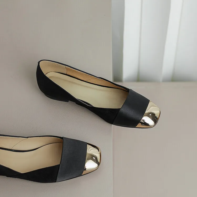 2023 Autumn Collection Metallic Toe Square Toe Color Block Low-Cut Flat Shoes Korean Style French Flat Women's Shoes Plus Size 7-18L