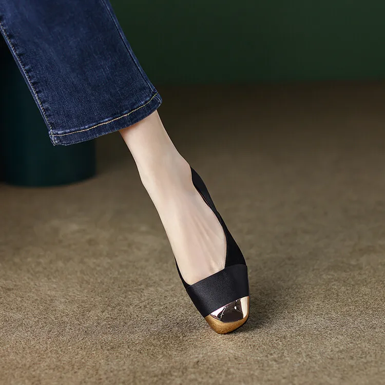 2023 Autumn Collection Metallic Toe Square Toe Color Block Low-Cut Flat Shoes Korean Style French Flat Women's Shoes Plus Size 7-18L