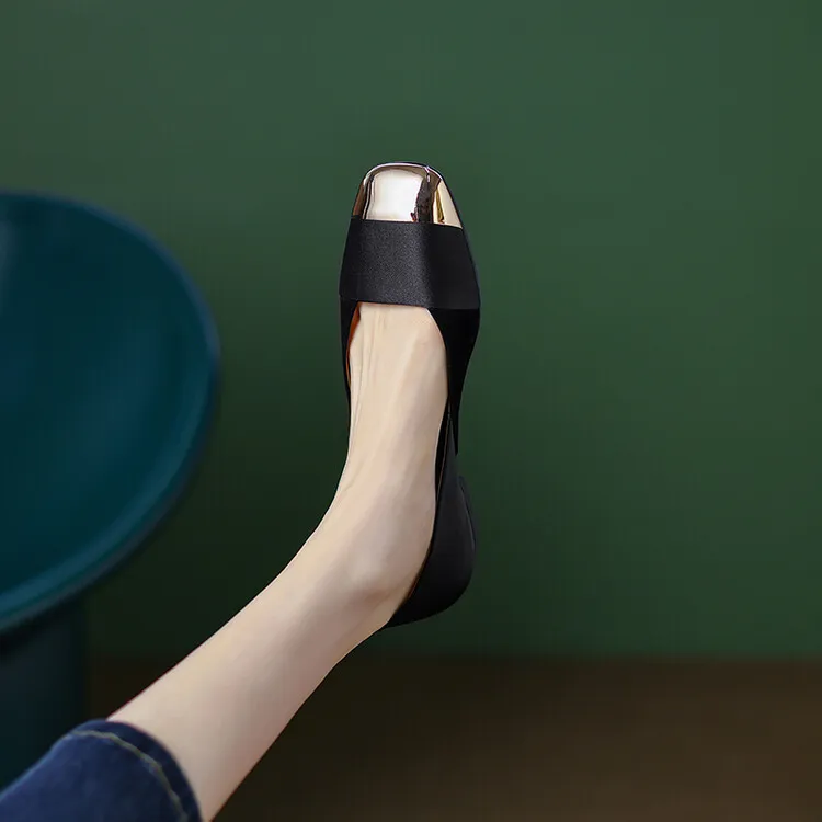 2023 Autumn Collection Metallic Toe Square Toe Color Block Low-Cut Flat Shoes Korean Style French Flat Women's Shoes Plus Size 7-18L
