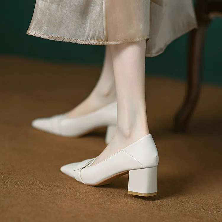 Women's soft leather slip-on shoes, chunky heel, off-white loafers, low-cut, square toe, elegant high heels, 7-18r