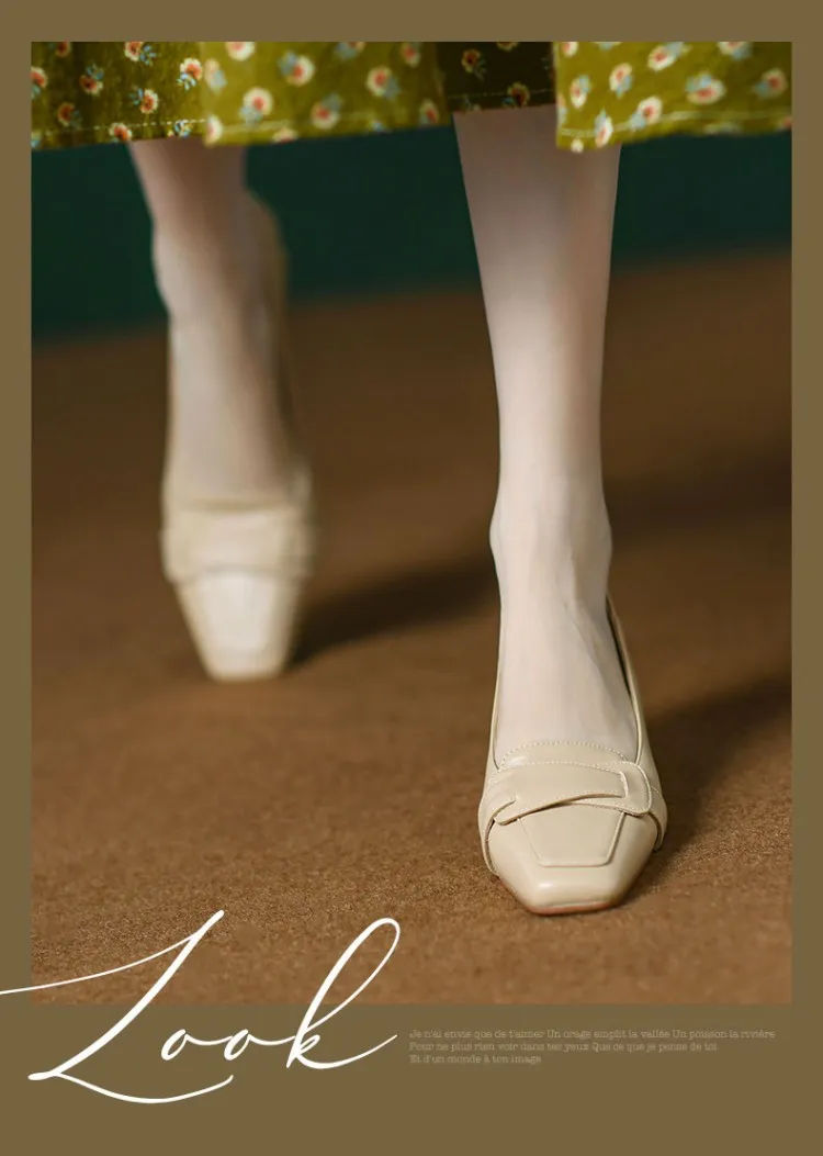 Women's soft leather slip-on shoes, chunky heel, off-white loafers, low-cut, square toe, elegant high heels, 7-18r