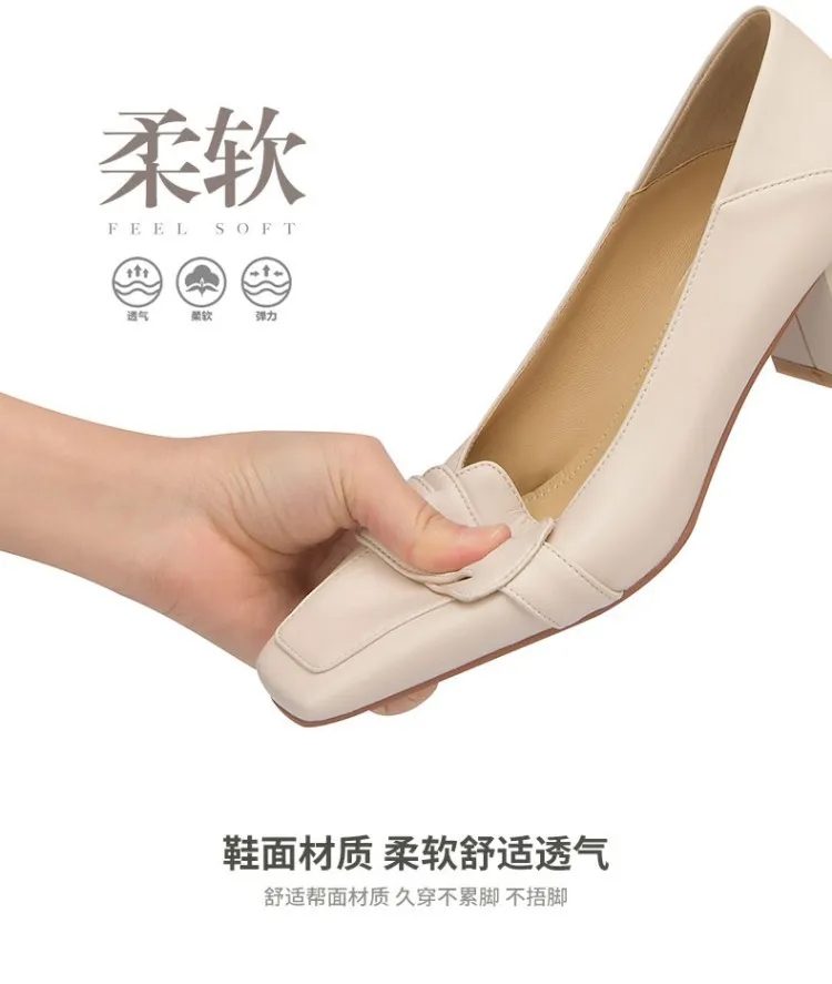 Women's soft leather slip-on shoes, chunky heel, off-white loafers, low-cut, square toe, elegant high heels, 7-18r