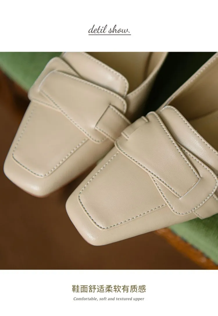 Women's soft leather slip-on shoes, chunky heel, off-white loafers, low-cut, square toe, elegant high heels, 7-18r