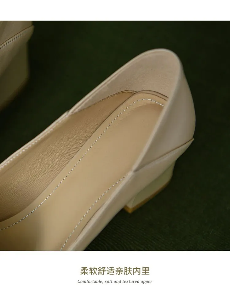 Women's soft leather slip-on shoes, chunky heel, off-white loafers, low-cut, square toe, elegant high heels, 7-18r