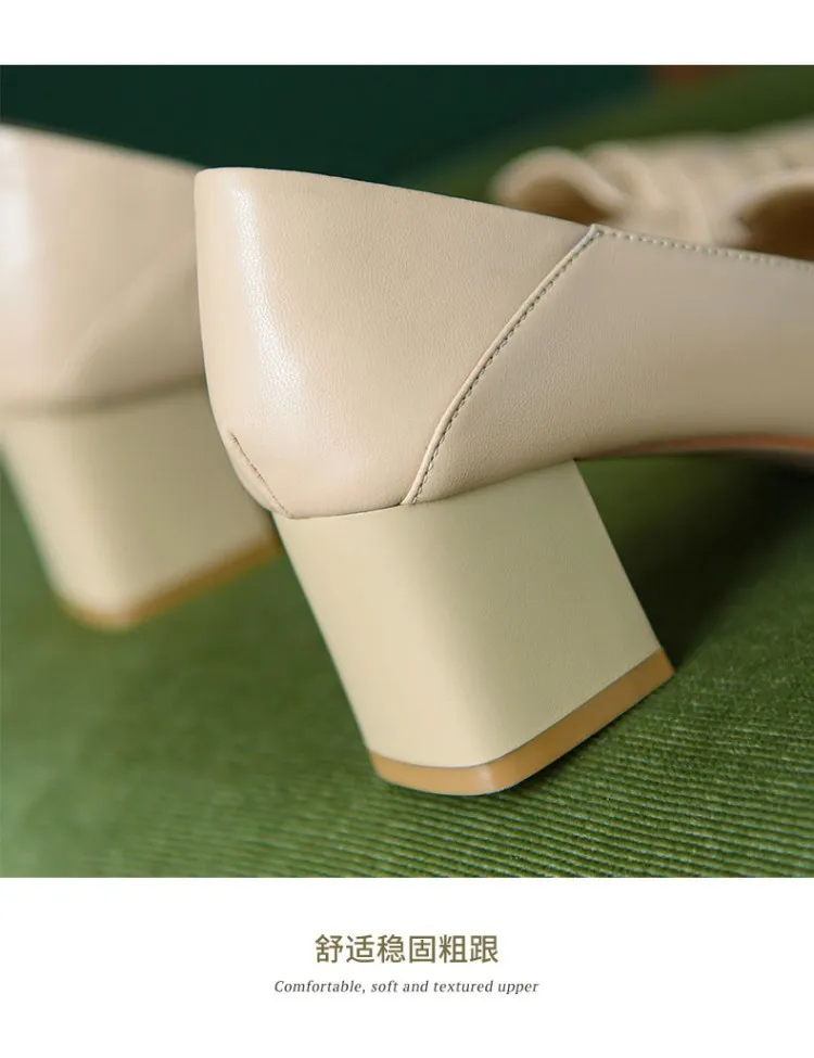 Women's soft leather slip-on shoes, chunky heel, off-white loafers, low-cut, square toe, elegant high heels, 7-18r
