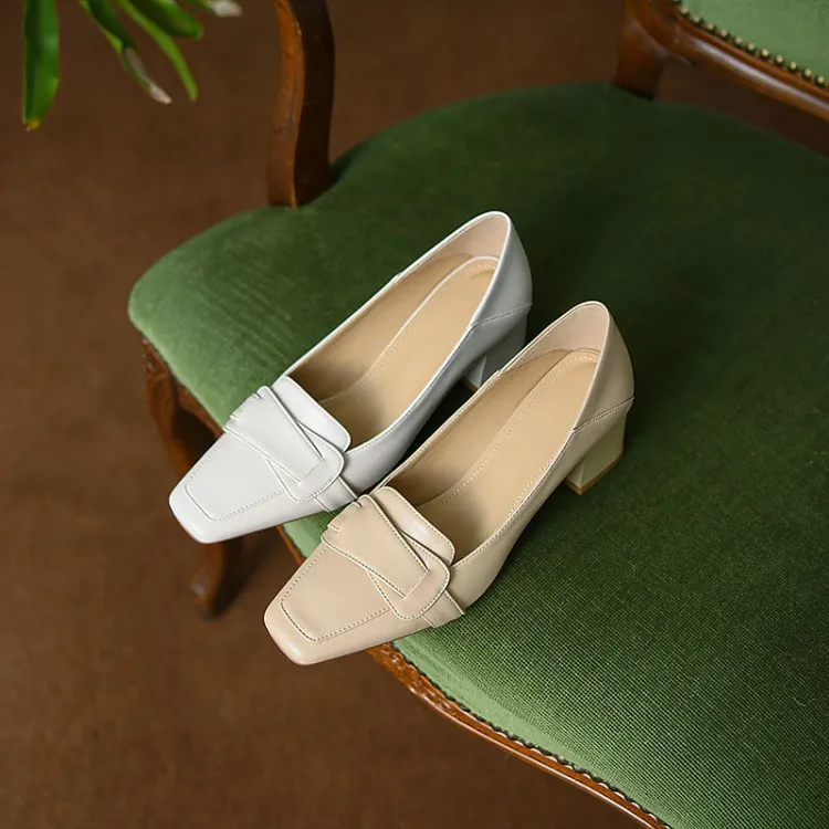 Women's soft leather slip-on shoes, chunky heel, off-white loafers, low-cut, square toe, elegant high heels, 7-18r