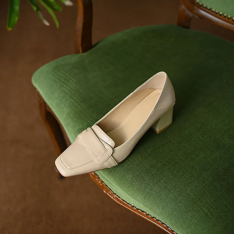 Women's soft leather slip-on shoes, chunky heel, off-white loafers, low-cut, square toe, elegant high heels, 7-18r