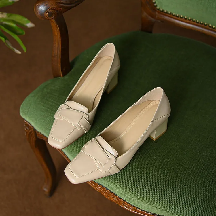 Women's soft leather slip-on shoes, chunky heel, off-white loafers, low-cut, square toe, elegant high heels, 7-18r