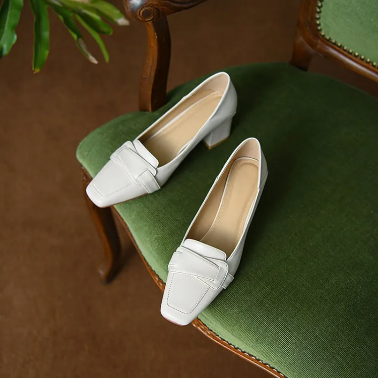 Women's soft leather slip-on shoes, chunky heel, off-white loafers, low-cut, square toe, elegant high heels, 7-18r
