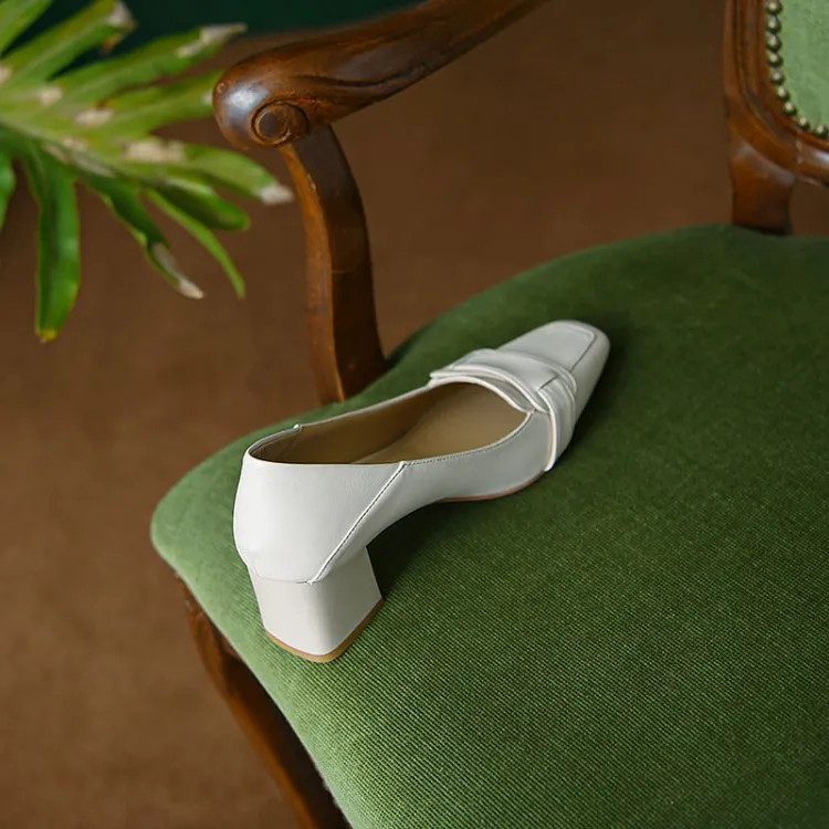 Women's soft leather slip-on shoes, chunky heel, off-white loafers, low-cut, square toe, elegant high heels, 7-18r