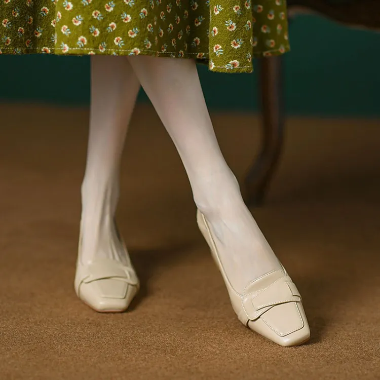 Women's soft leather slip-on shoes, chunky heel, off-white loafers, low-cut, square toe, elegant high heels, 7-18r