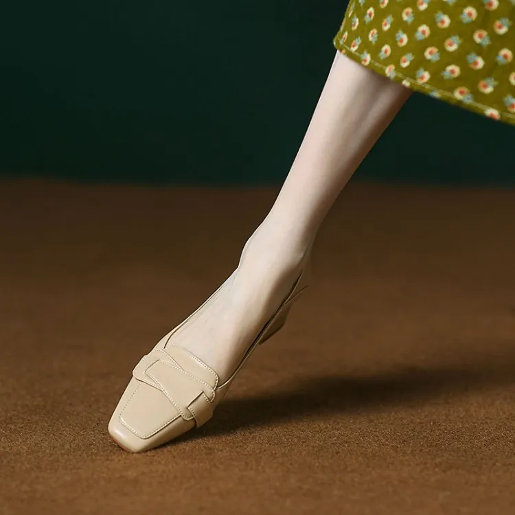 Women's soft leather slip-on shoes, chunky heel, off-white loafers, low-cut, square toe, elegant high heels, 7-18r