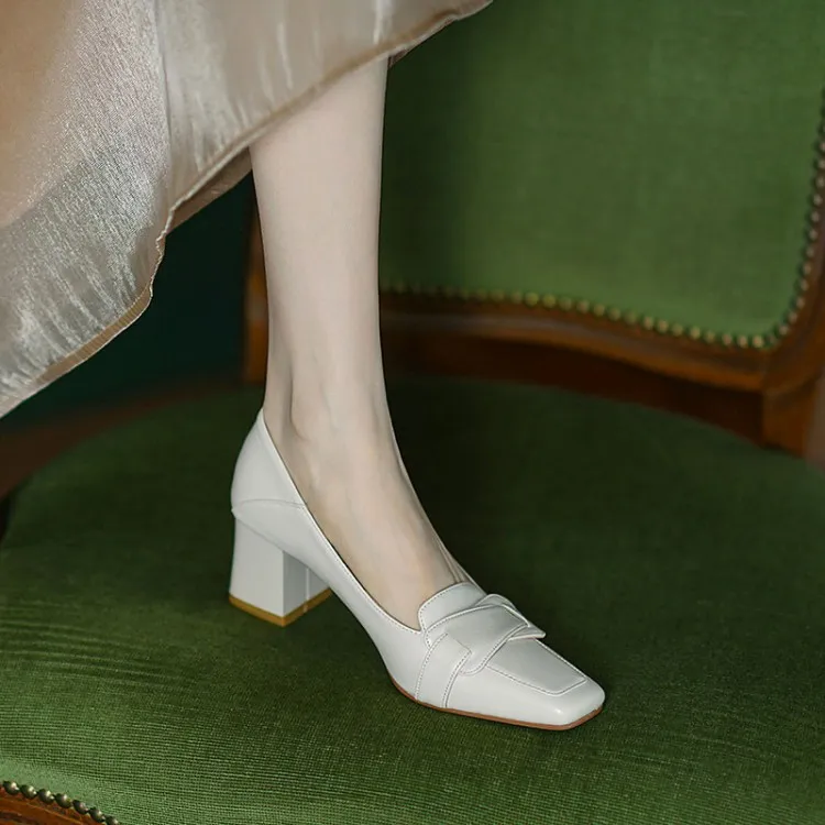 Women's soft leather slip-on shoes, chunky heel, off-white loafers, low-cut, square toe, elegant high heels, 7-18r