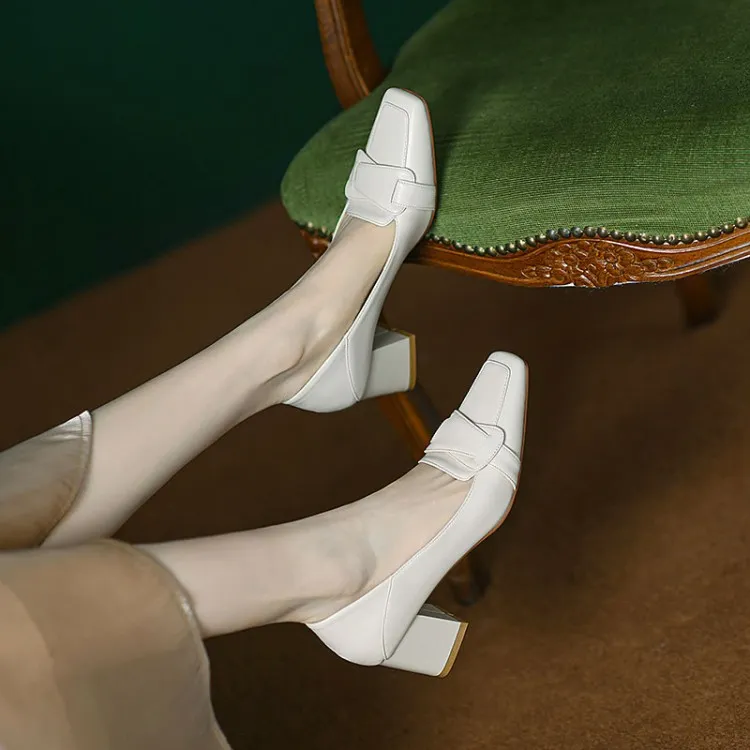 Women's soft leather slip-on shoes, chunky heel, off-white loafers, low-cut, square toe, elegant high heels, 7-18r