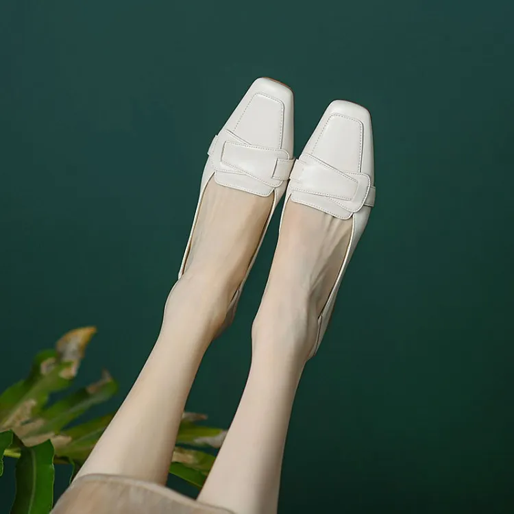 Women's soft leather slip-on shoes, chunky heel, off-white loafers, low-cut, square toe, elegant high heels, 7-18r
