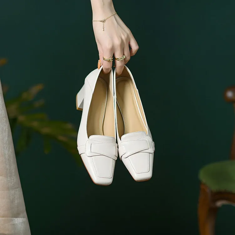 Women's soft leather slip-on shoes, chunky heel, off-white loafers, low-cut, square toe, elegant high heels, 7-18r