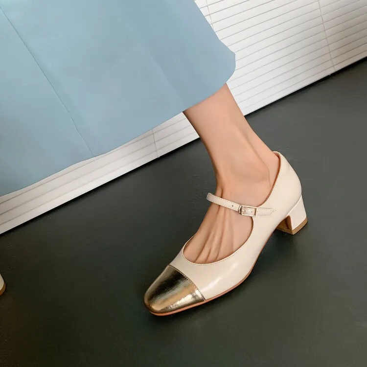 Chanel-style white Mary Jane shoes, color-blocked, low-cut, chunky heel, silver leather shoes, single strap, size 8-10.