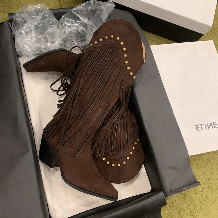 Women's tassel high boots, autumn and winter pointed toe chunky heel design, suede V-mouth Western style boots, slimming long boots (8-14p)