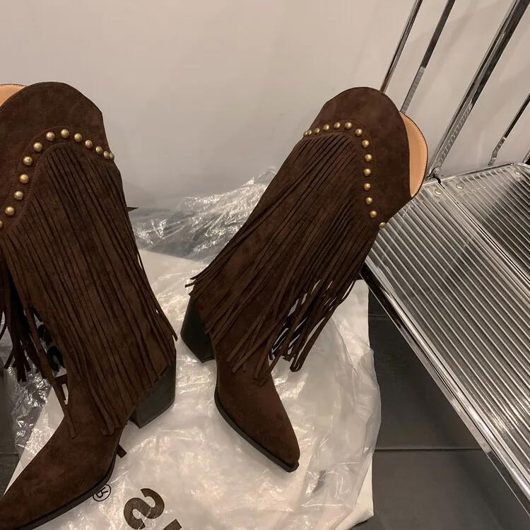 Women's tassel high boots, autumn and winter pointed toe chunky heel design, suede V-mouth Western style boots, slimming long boots (8-14p)