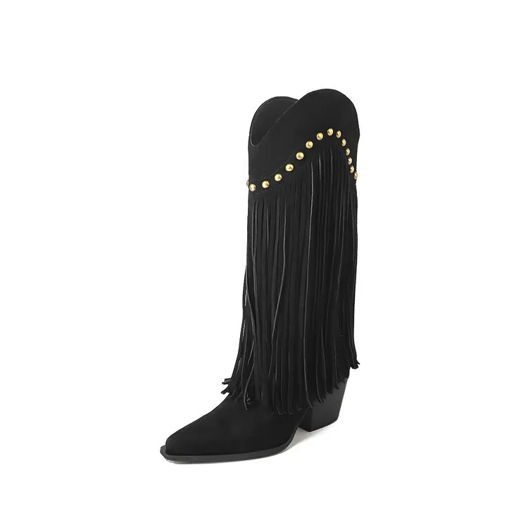 Women's tassel high boots, autumn and winter pointed toe chunky heel design, suede V-mouth Western style boots, slimming long boots (8-14p)