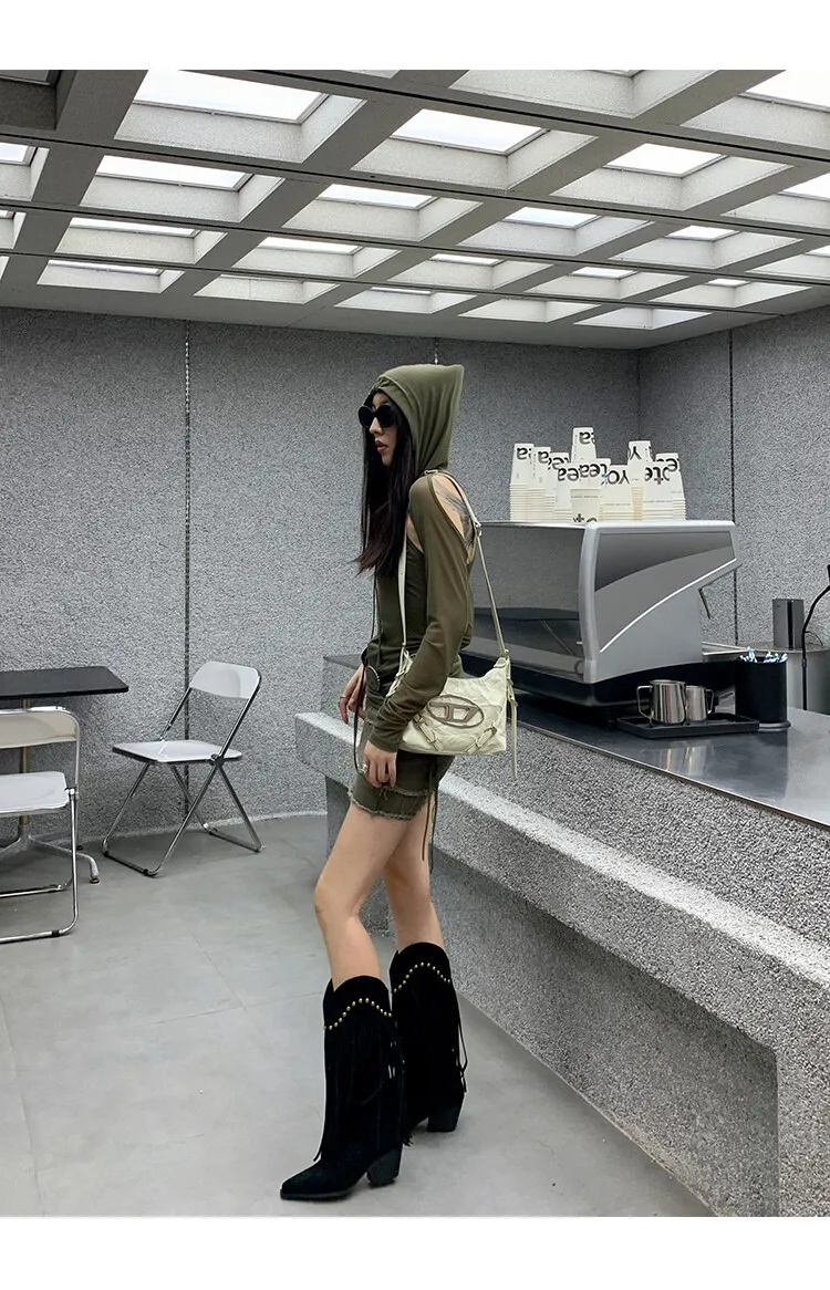 Women's tassel high boots, autumn and winter pointed toe chunky heel design, suede V-mouth Western style boots, slimming long boots (8-14p)