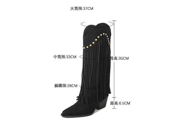 Women's tassel high boots, autumn and winter pointed toe chunky heel design, suede V-mouth Western style boots, slimming long boots (8-14p)