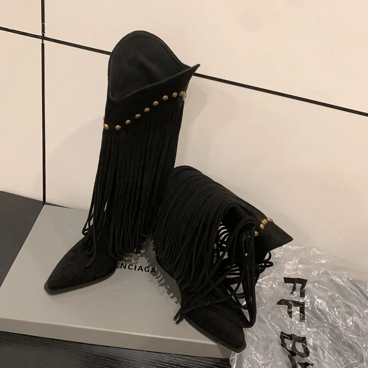 Women's tassel high boots, autumn and winter pointed toe chunky heel design, suede V-mouth Western style boots, slimming long boots (8-14p)