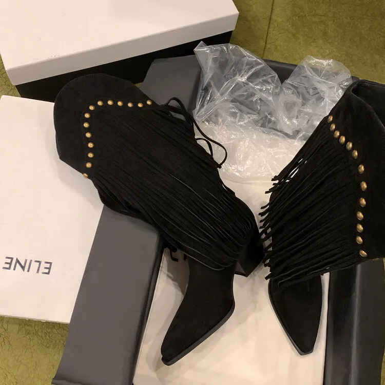 Women's tassel high boots, autumn and winter pointed toe chunky heel design, suede V-mouth Western style boots, slimming long boots (8-14p)