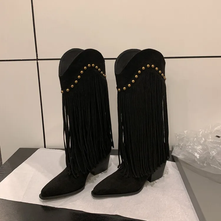 Women's tassel high boots, autumn and winter pointed toe chunky heel design, suede V-mouth Western style boots, slimming long boots (8-14p)
