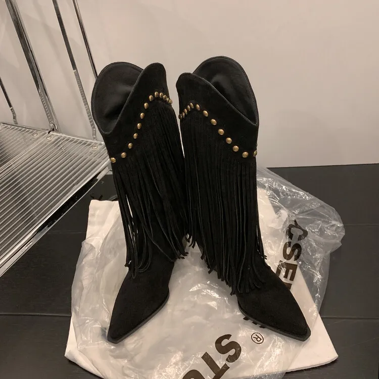 Women's tassel high boots, autumn and winter pointed toe chunky heel design, suede V-mouth Western style boots, slimming long boots (8-14p)