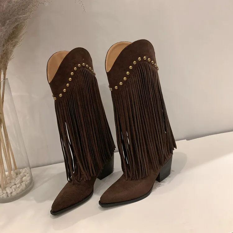 Women's tassel high boots, autumn and winter pointed toe chunky heel design, suede V-mouth Western style boots, slimming long boots (8-14p)