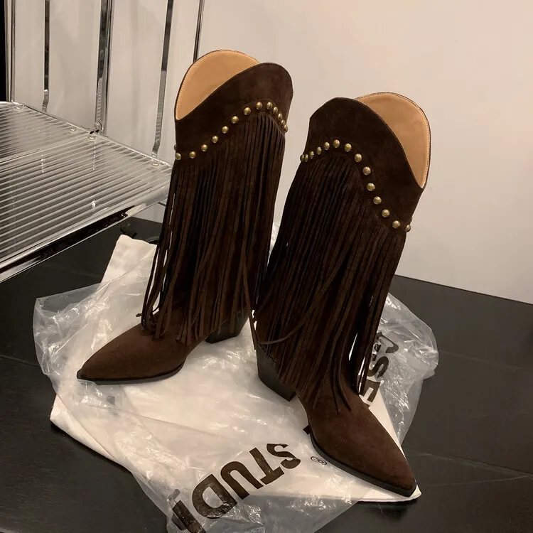 Women's tassel high boots, autumn and winter pointed toe chunky heel design, suede V-mouth Western style boots, slimming long boots (8-14p)