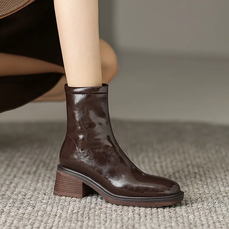 Fashionable autumn and winter cowhide square-toe Martin boots for women, British style short boots with chunky heels, 9-16J