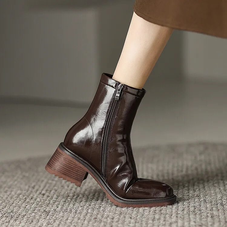 Fashionable autumn and winter cowhide square-toe Martin boots for women, British style short boots with chunky heels, 9-16J