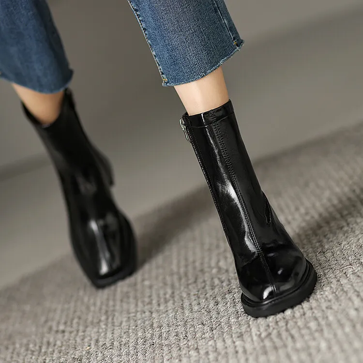 Fashionable autumn and winter cowhide square-toe Martin boots for women, British style short boots with chunky heels, 9-16J