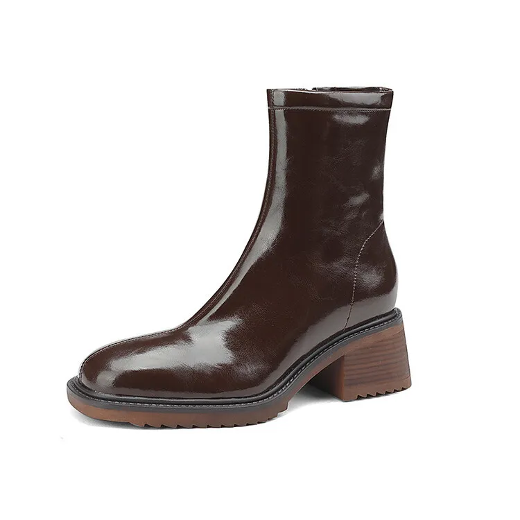 Fashionable autumn and winter cowhide square-toe Martin boots for women, British style short boots with chunky heels, 9-16J