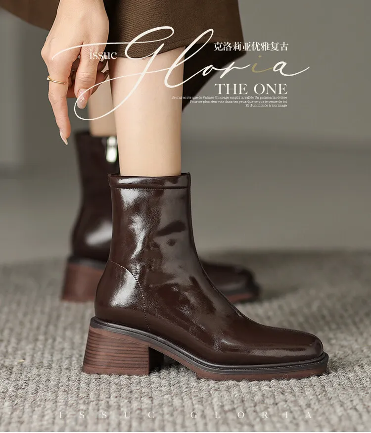Fashionable autumn and winter cowhide square-toe Martin boots for women, British style short boots with chunky heels, 9-16J