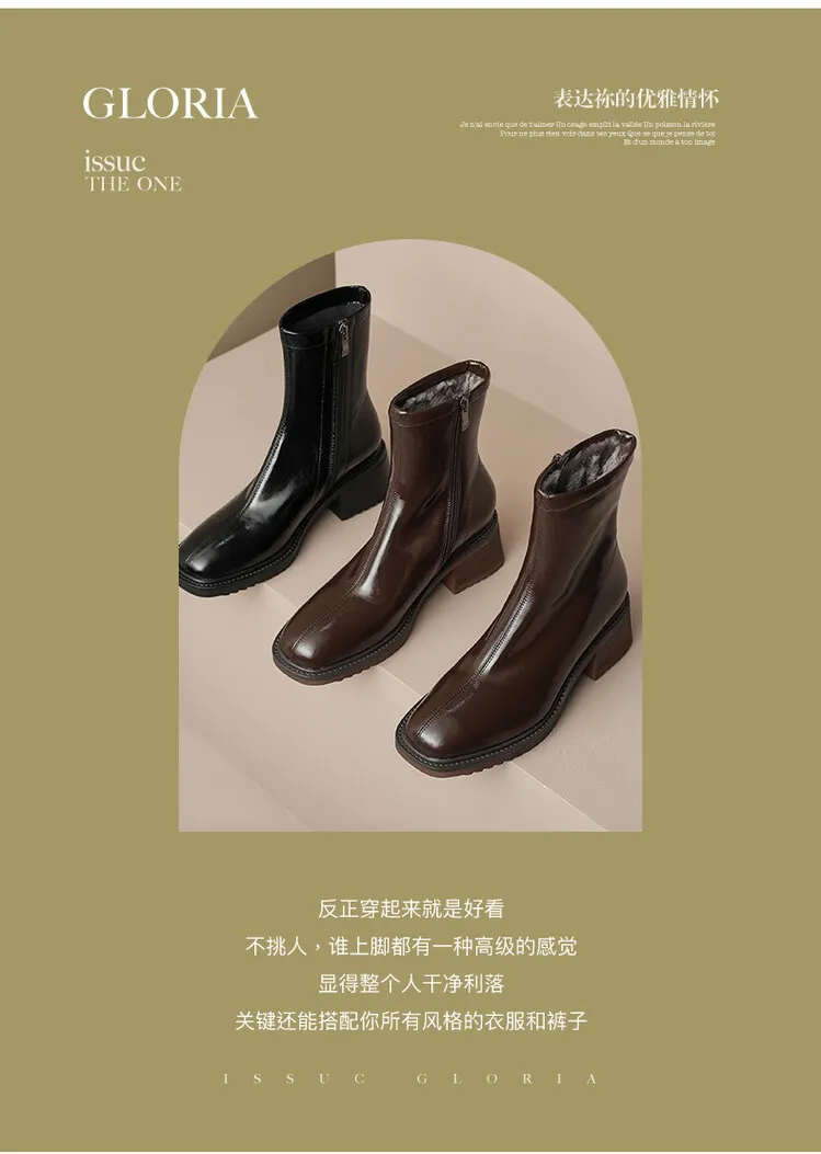 Fashionable autumn and winter cowhide square-toe Martin boots for women, British style short boots with chunky heels, 9-16J