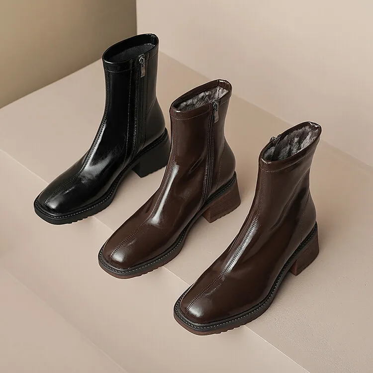 Fashionable autumn and winter cowhide square-toe Martin boots for women, British style short boots with chunky heels, 9-16J