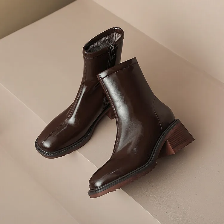 Fashionable autumn and winter cowhide square-toe Martin boots for women, British style short boots with chunky heels, 9-16J