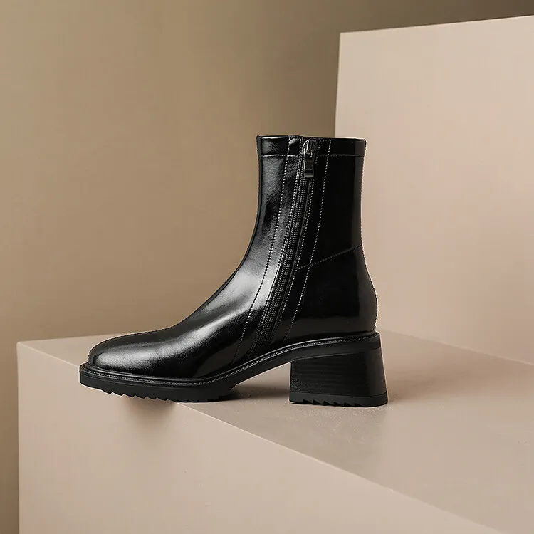 Fashionable autumn and winter cowhide square-toe Martin boots for women, British style short boots with chunky heels, 9-16J