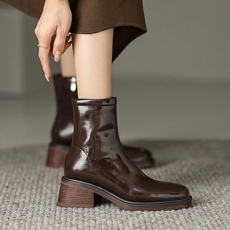Fashionable autumn and winter cowhide square-toe Martin boots for women, British style short boots with chunky heels, 9-16J