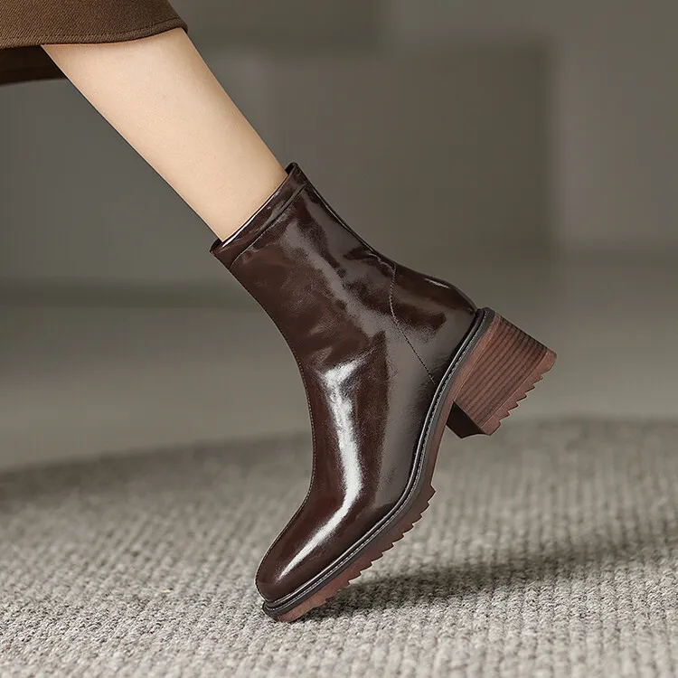 Fashionable autumn and winter cowhide square-toe Martin boots for women, British style short boots with chunky heels, 9-16J