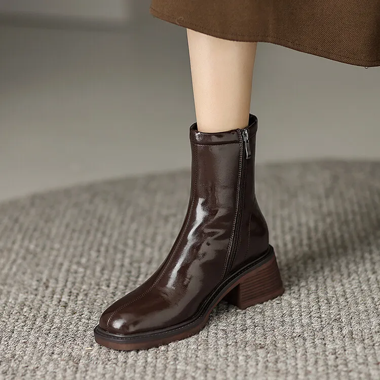 Fashionable autumn and winter cowhide square-toe Martin boots for women, British style short boots with chunky heels, 9-16J