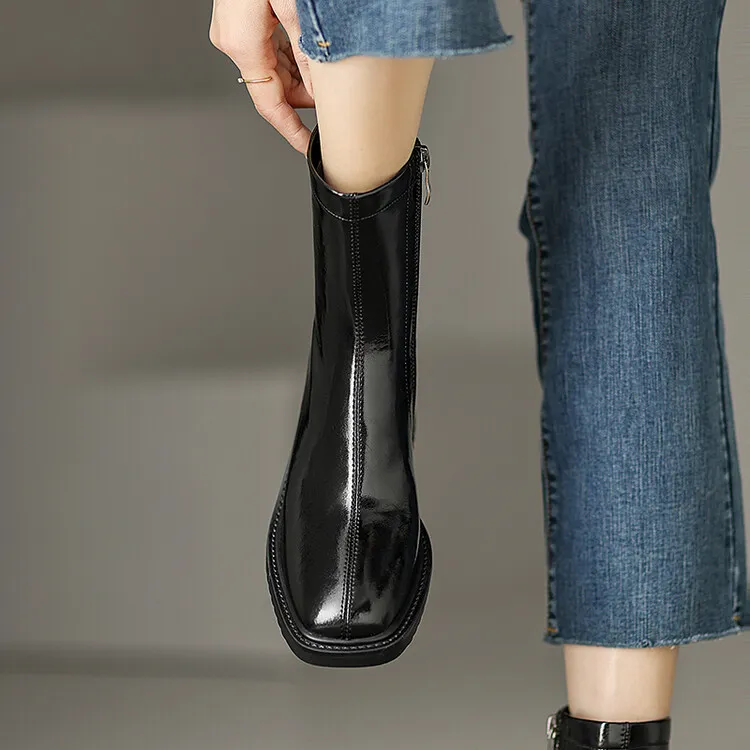 Fashionable autumn and winter cowhide square-toe Martin boots for women, British style short boots with chunky heels, 9-16J