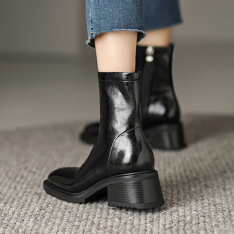 Fashionable autumn and winter cowhide square-toe Martin boots for women, British style short boots with chunky heels, 9-16J