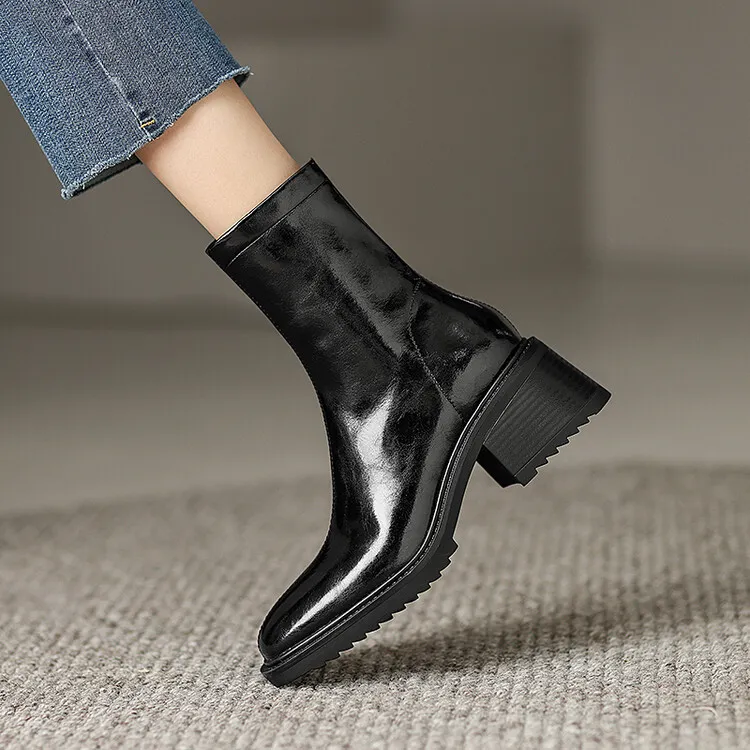 Fashionable autumn and winter cowhide square-toe Martin boots for women, British style short boots with chunky heels, 9-16J