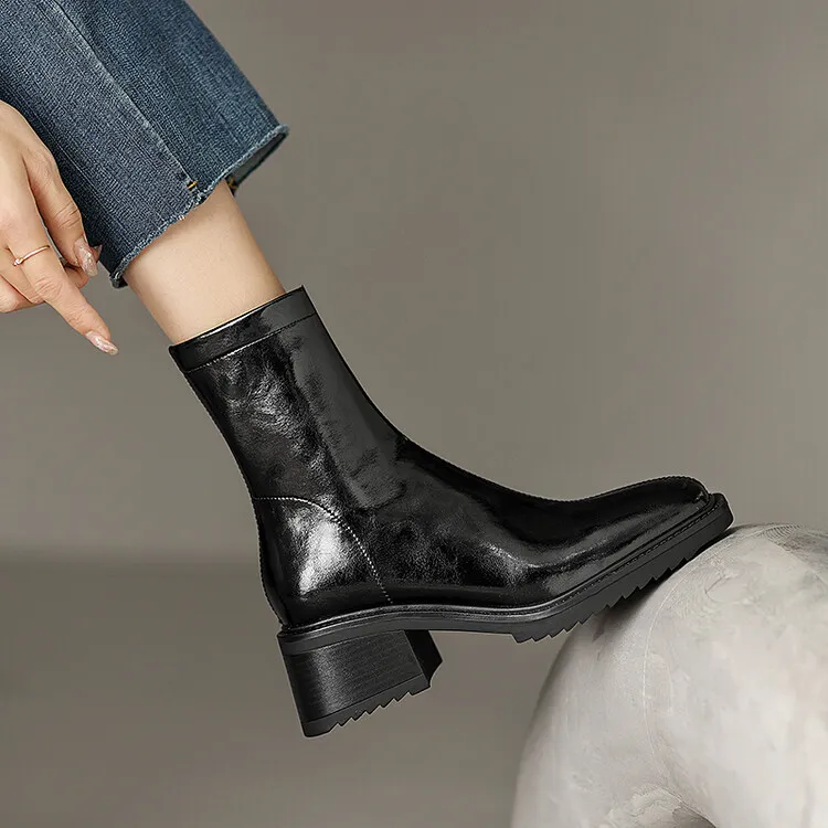 Fashionable autumn and winter cowhide square-toe Martin boots for women, British style short boots with chunky heels, 9-16J